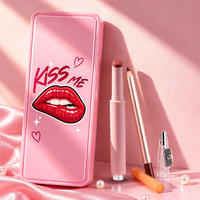 Kit Lèvres OEM Réutilisable en Boîte Rose en Fer Blanc, Rouge à Lèvres Haute Brillance Click, Crayon à Lèvres au Squalane et Jojoba avec Taille-Crayon, Ensemble Duo Lèvres Personnalisé
