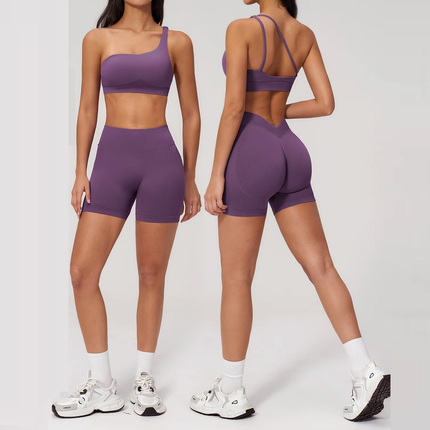 TongJoes Seamless Solid Women's Yoga Suit Oblique Shoulder Quick-drying Tight 2-Piece Set Outdoor Casual Running Fitness Clothes