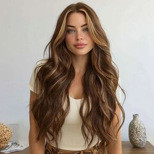 <span class=keywords><strong>Parrucca</strong></span> Lace Front Marrone Scuro con Riflessi Caramello, <span class=keywords><strong>Parrucca</strong></span> Lunga Ondulata in Capelli Umani Veri, <span class=keywords><strong>Parrucca</strong></span> Naturale Stratificata con Balayage Ondulato per Donne - Product Image 2