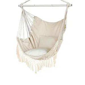 HMKMacrame Hammock Chair Hanging Rope Swing Seat With 2 Cushions Side Pocket With High Load Bearing Metal Rod For Indoor Outdoor