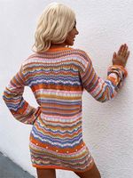 M0578 Rajutan Wanita Kerah Bulat Motif Garis Pelangi Model Panjang Sedang Sweater Wanita Lengan Panjang Gaun Rajutan