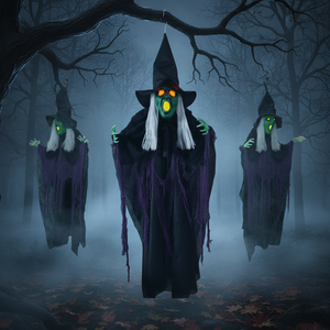 ของตกแต่งฮาโลวีน AROMA แม่มดแขวนขนาด 4 ฟุต มีไฟ LED ดวงตาเรืองแสง เสียงน่าขนลุก ใช้แบตเตอรี่ AAA สำหรับตกแต่งสวนหลอน - Product Image 1