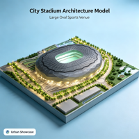 Maquette d'architecture de stade ovale de grande taille avec toit en diamant foncé, ouverture centrale verte, structure annulaire, éclairage