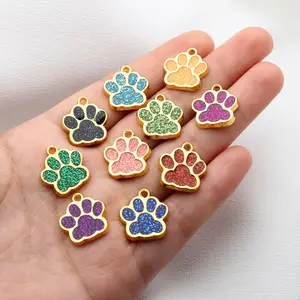 HC522 Golden Metal Color 16x18mm Bling Enamel ID Tags Cat Dog Bear Paw Prints Charms Pendants Fit Key Chain Keyrings Pet Collar