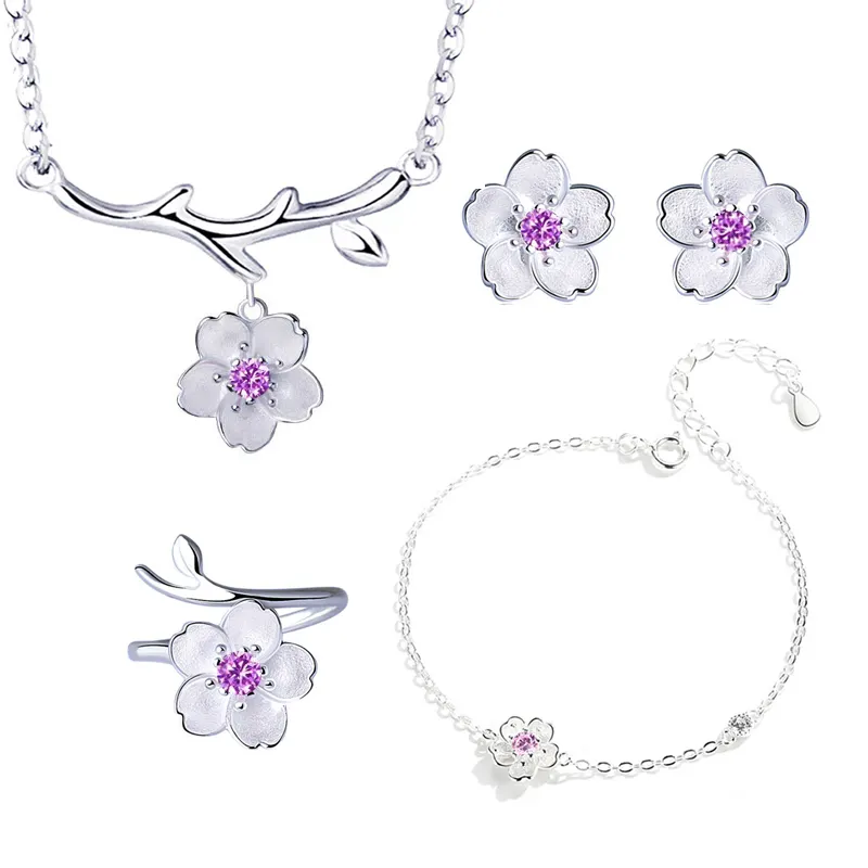 ANENJERY Ensembles de bijoux romantiques en fleurs de cerisier couleur argent avec pendentif Ensembles de mariage de mariée mignons