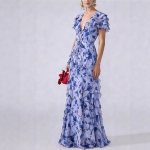 Vestido de Noche de Gasa con Estampado Floral y Hombros Descubiertos, Cintura Imperio, Capa Transparente Larga, Vestido Formal para Mujer - Product Image 4