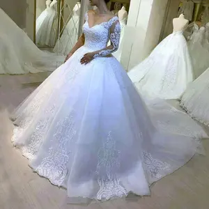 2023 V Neck Long Sleeve Lace Wedding Dress Slimming Embroidery French Bridal Dress Slimming Trailing Style Wedding Dress