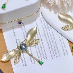 Broche de Perla Negra Natural de Tahití con Diseño de Flor y Libélula, Joyería de Moda para Otoño e Invierno - Product Image 2