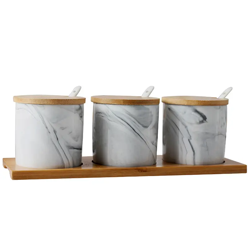 Ceramic Marble Jar Food Storage Box Spice Container Jars For Pepper And Salt With Bamboo Lid