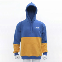 Sweat à capuche unisexe hiver bicolore bleu roi et jaune, double couche, avec cordon de serrage, poche kangourou et poignets côtelés bleus