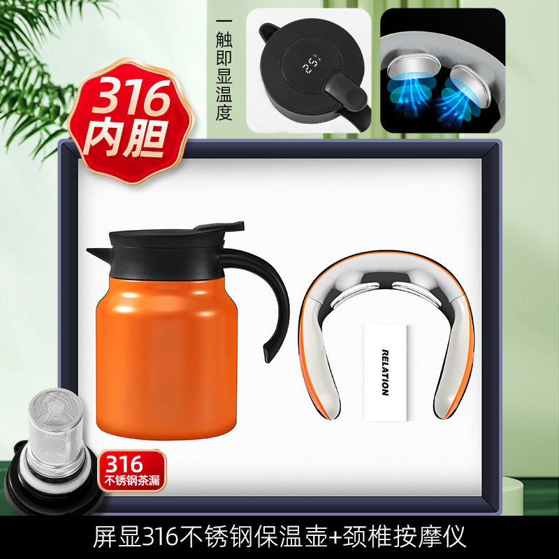 [Orange Two-Piece Set] 1L Filtered Digital Display Bottle F6 Neck Massager