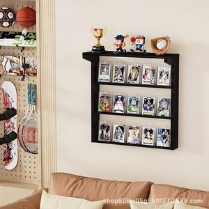 Wooden Wall Mounted Card <b>Display</b> <b>Shelf</b> 3 Tier Black Natural Wood Sports Trading Cards Rack For Collectibles - Product Image 4