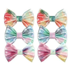 5 "Rainbow Glitter kulit busur dengan tanpa klip gadis DIY Aksesoris Rambut