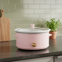 Cuisinière lente multifonction rose 6L - 3 réglages de chaleur, couvercle en verre, pot en céramique, pour 3 à 5 personnes, préparation de soupes et de bouillies à la maison