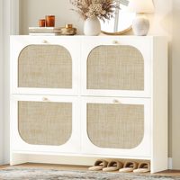 HANYEE Meuble à chaussures et console d'entrée 2-en-1 en bois minimaliste avec 4 portes battantes, étagères réglables, poignées en laiton et crochets latéraux