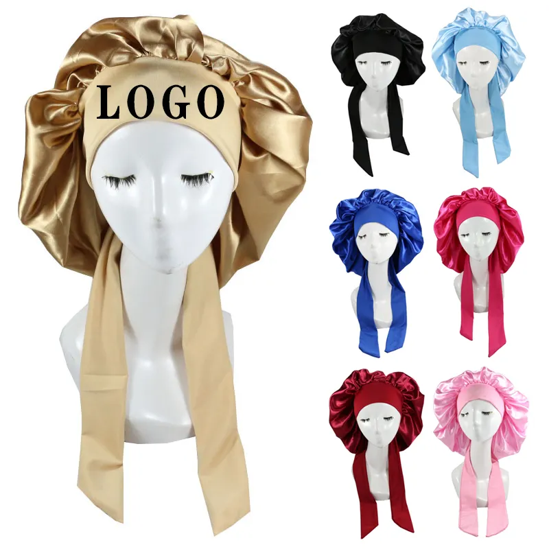 Custom Logo Long Large Braid Hair Head Sleeping Stain Bonnets And Satin Silk Hair Wraps With Tie And Scarf