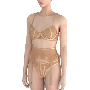 ODM OEM Customized bra brief set 3 pieces garter belt sexy lingerie women underwear