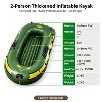 Bateau de pêche gonflable en PVC 188 cm, épaisseur 0,45 mm, vert, portable, avec pagaies, pompe et kit de réparation pour rivière et lac