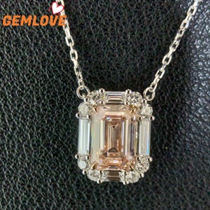 GEMLOVE Women's White Gold Diamond <b>Necklace</b> Emerald Cut 2ct Fancy Pink Natural Diamond Classic Engagement Jewelry - Product Image 3