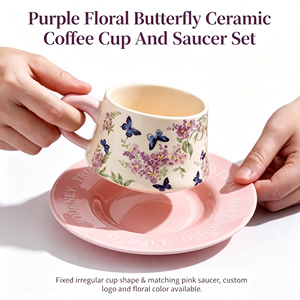Juego de Taza y Platillo con Diseño Floral de Mariposas Púrpuras Vintage, Taza de Café Estética <span class=keywords><strong>para</strong></span> Uso Diario, Regalo <span class=keywords><strong>para</strong></span> Mujeres, Elegante Compañera <span class=keywords><strong>para</strong></span> la Hora del Té - Product Image 4