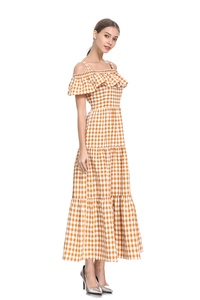 Été Coréen Nouveau Style femme Ample Plaid D'un Seul Mot Col Robe Mode Licou Femmes Robe - Product Image 4