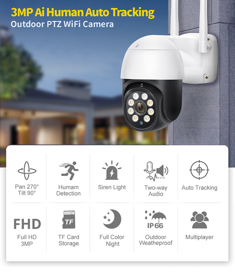 2021 HD 3MP kültéri vezeték nélküli kamera kétirányú audio mikrofon hangszóró Smart Wifi IP kamera