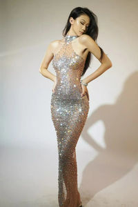 فستان سهرة مثير شفاف مرصع بالألماس لحفلات أعياد الميلاد، فستان ضيق طويل للنساء يصل إلى الأرض مناسب للاحتفالات والحفلات والنوادي وحفلات التخرج - Product Image 5