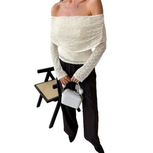 T-shirt en maille jacquard sexy à épaules tombantes, sans col, coupe ajustée, élégant et polyvalent pour femme - Product Image 2