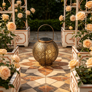 Farol <span class=keywords><strong>Solar</strong></span> Metálico Vintage Personalizado <span class=keywords><strong>con</strong></span> Diseño Floral Calado, Lámpara Colgante de Bronce Antiguo para Decoración de Jardín y Patio Exterior - Product Image 4