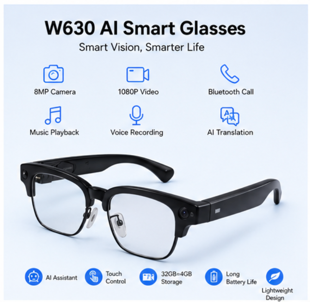 W630 AI Smart Glasses 8MP Camera 1080P Video Recording for Calling Real-Time Translation AI Assistant Music Player Phone