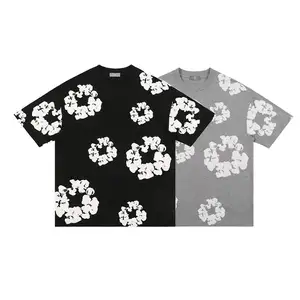 New Arrived Unisex Oversized 100%Cotton Wholesale Custom Street Style INS Puff Printing Short Sleeve DenimTears T-shirt For Men