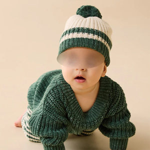 Bonnet tricoté rayé vert crème pour enfants avec grand pompon, bord côtelé, chaud, hiver, pour bébés garçons et filles - Product Image 4