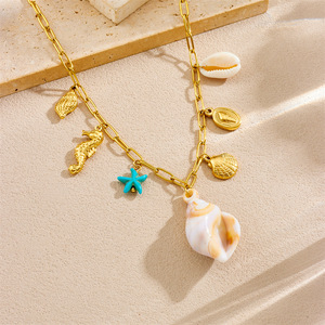 Themed Pendants Necklace Stainless Steel Beach Style Seashell Sea Turtle Seahorse Starfish Sun Charm Party Jewelry - Product Image 2