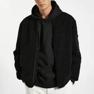 定制批发男式夹克时尚黑色夏尔巴羊毛超大厚重量级连帽衫夹克