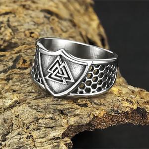 Men's Titanium Steel <b>Ring</b> Shield Shape Viking Triquetra Logo Hip Hop Style Gift Jewelry 03608 Steel Color - Product Image 4