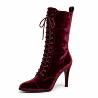 Bottes mi-mollet en velours bordeaux à lacets pour femmes, talons aiguilles hauts, chaussures de mode pour boutiques et détaillants