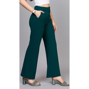 Stylish Women Flared Bottle Green Trouser High Rise Smooth Fabric Relaxed Fit Long Length Trendy Daily Wear Elastic Plating - Product Image 5