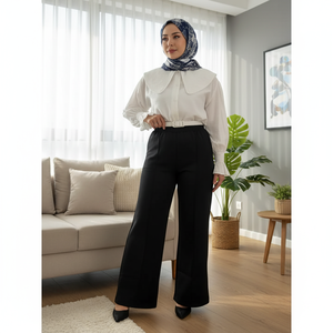 Pantalones Palazzo Casuales de Pierna Ancha para Mujer con Cintura Elástica, Tejido Transpirable, Negro y Blanco, 98 cm de Largo, Tallas 1-2 - Product Image 3