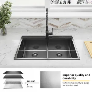 New Style 33 Inch Dual Bowl Topmount Workstation 304 Stainless Steel Gunmetal Black Kitchen Sink With Drainboard