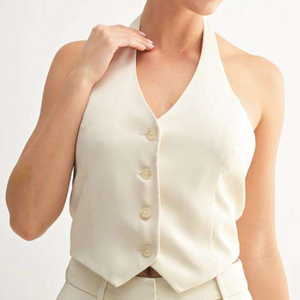 <span class=keywords><strong>Chaleco</strong></span> Halter de Satén Personalizado para <span class=keywords><strong>Mujer</strong></span>, con Botones Delanteros, Escote en V, Espalda Descubierta, Top Corset, Blusa Elegante sin Mangas para Fiesta, Fabricante OEM - Product Image 1
