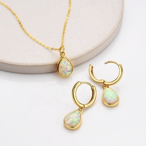 925 Sterling Silver Women Gold Plated White Synthetic <strong>Opal</strong> Water Drop <strong>Necklace</strong> - Product Image 5