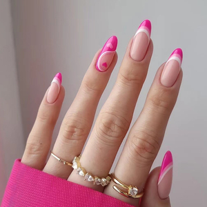 24 Uds Rosa almendra francesa cubierta completa uñas postizas arco Simple corazón brillante diseño Día de San Valentín prensa en las uñas para amante - Product Image 5