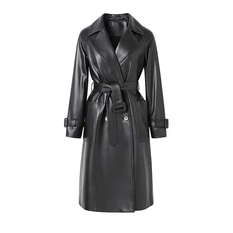 Fashion Design Autumn Winter Leather Trench Coat Real Sheepskin Long Leather Jackets Women