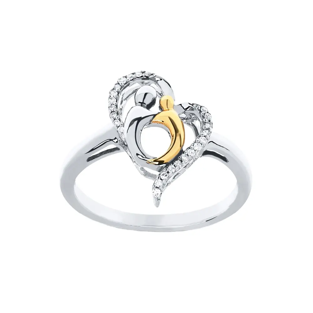 9K 12K 14K Gold in Sterling 925 Silver Mother &Child Heart Finger Ring