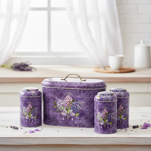 Caja de lata redonda de 4 piezas, juego de cocina, tapa de cúpula, flor púrpura, diseño púrpura - Product Image 3
