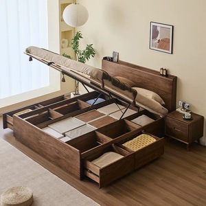 Modern Furniture <b>Size</b> King Double Walnut Wood <b>Beds</b> Nordic Simple Storage <b>Bed</b> Wooden Frame Foe Home BZ-166 Nordic Solid Wood <b>Bed</b> - Product Image 3