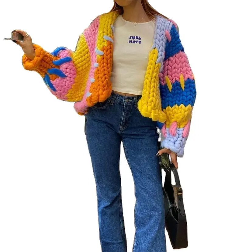 Color Block Rainbow Knitted Cardigan Top Coat Women's Hand Knitting Thick Crochet Sweater