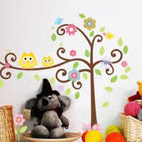 Autocollant mural personnalisé, dessin animé, oiseau, hibou, grand arbre, décoration de chambre de bébé, autocollants en PVC écologiques amovibles pour enfants, autocollant pour la maison