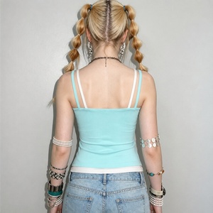 Breathable Jersey Mint Green Ruched Tank <b>Top</b> Studded Star Sleeveless Camisole Layered Women Casual Streetwear - Product Image 2