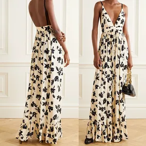 Maxi vestido de verão com estampa de flores, menor preço, preto, branco, iris, vestido de cintura, decote em v